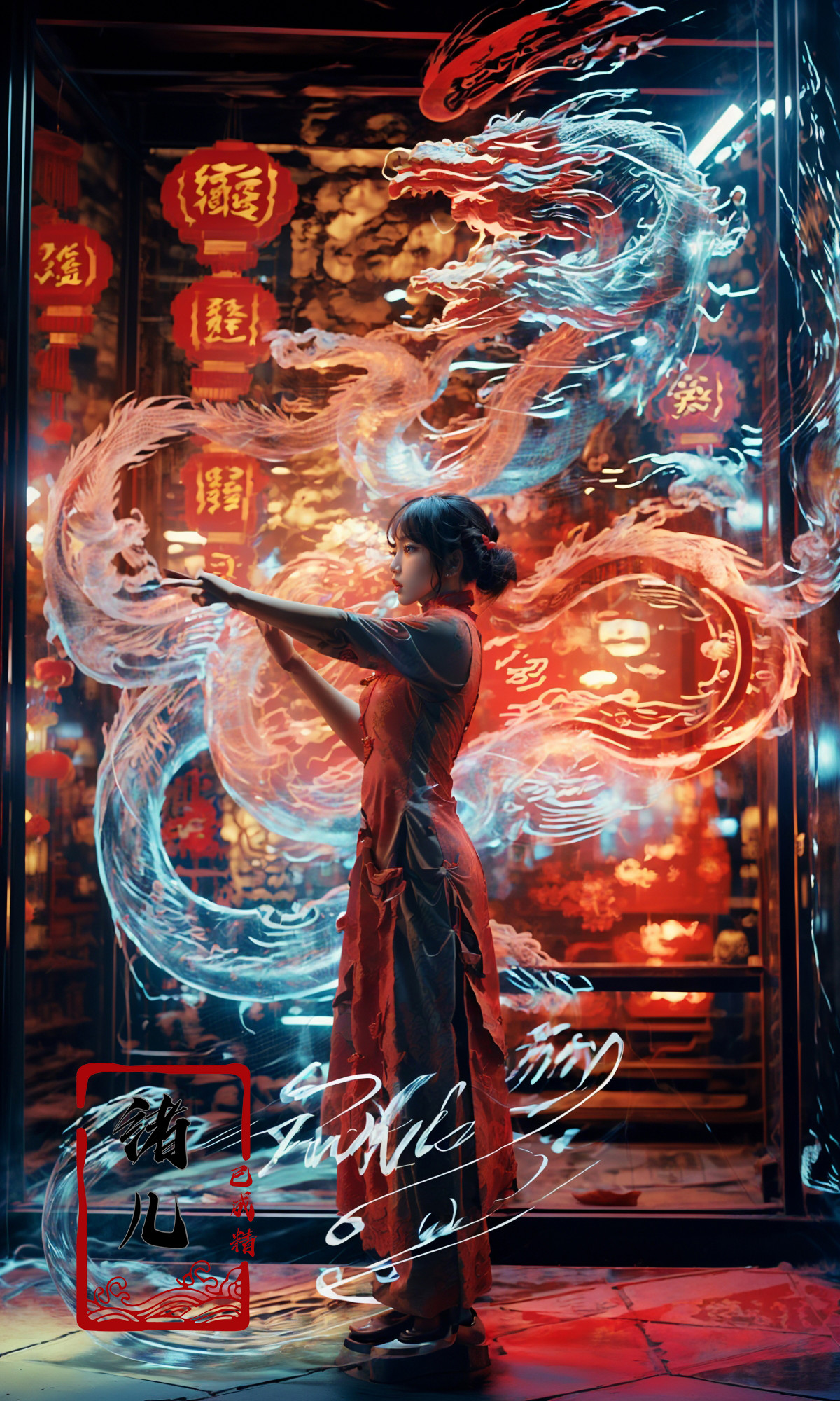 606247209521968583-35240029-white holographic dragon, 1girl，(Red cheongsam_1.5)，_A shot with tension，(sky glows red,Visual impact,giving the poster a dynami.jpg